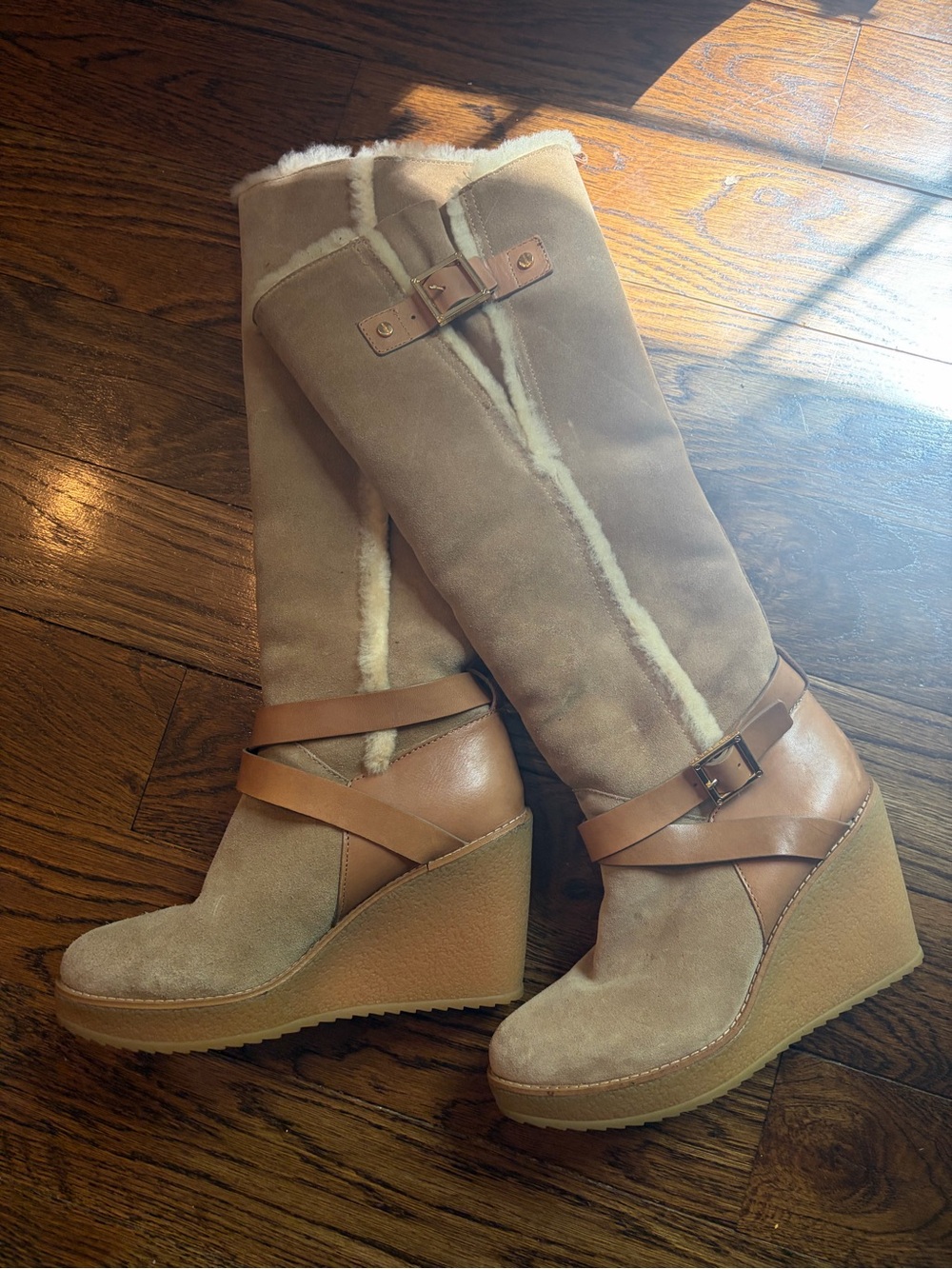 Tory Burch Tan Suede Wedge Boots with Buckle